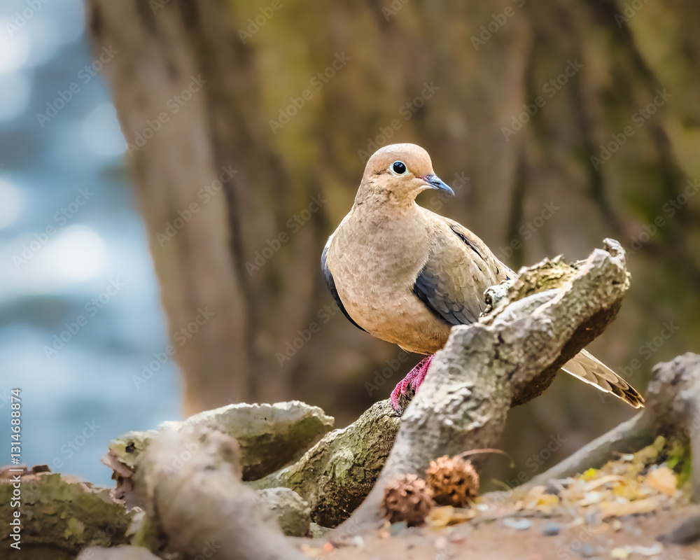 A bird with soft brown and gray plumage perches gracefully on a textured tree branch, surrounded by natural elements like leaves and pine cones. The background features a blurred, earthy setting.