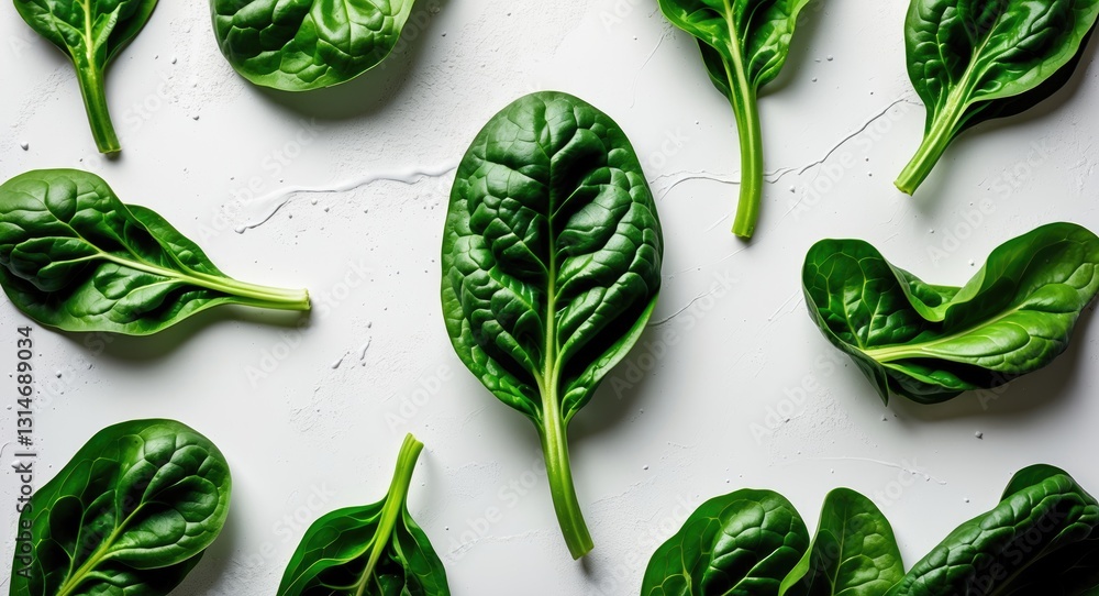 Obraz premium Isolated spinach leaf on a white background. Aerial view of fresh, young spinach in green. Laid flat.