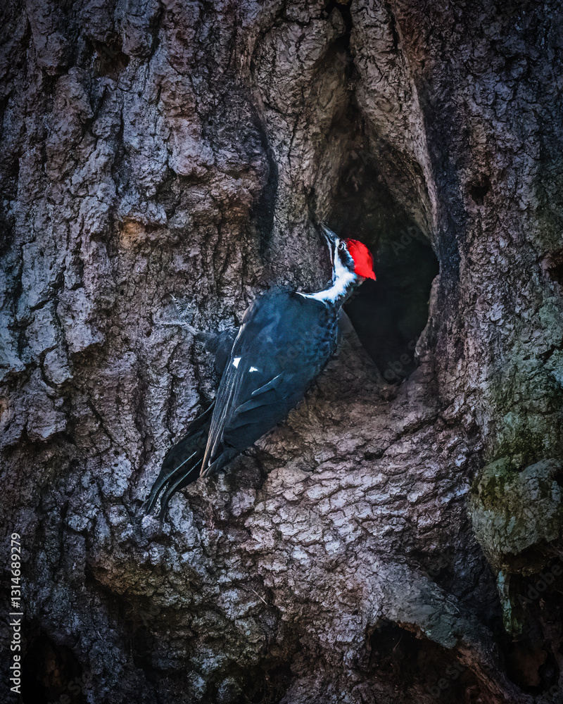 A woodpecker with a striking red head is perched on the rugged bark of a tree, seemingly peering into a cavity. The intricate patterns of the bark create a natural setting for the bird.