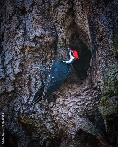 Obraz na płótnie A woodpecker with a striking red head is perched on the rugged bark of a tree, seemingly peering into a cavity. The intricate patterns of the bark create a natural setting for the bird. w salonie