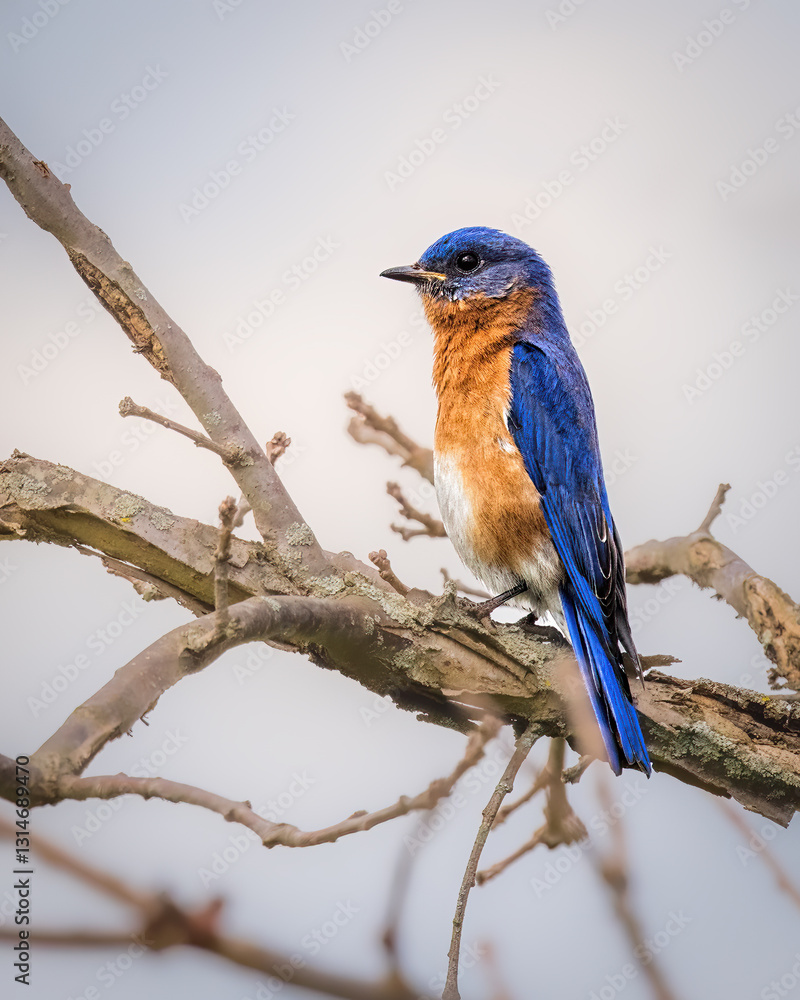 A vibrant blue bird perches on a bare tree branch, showcasing its striking blue and orange plumage against a muted background. The scene evokes a sense of calm and natural beauty..