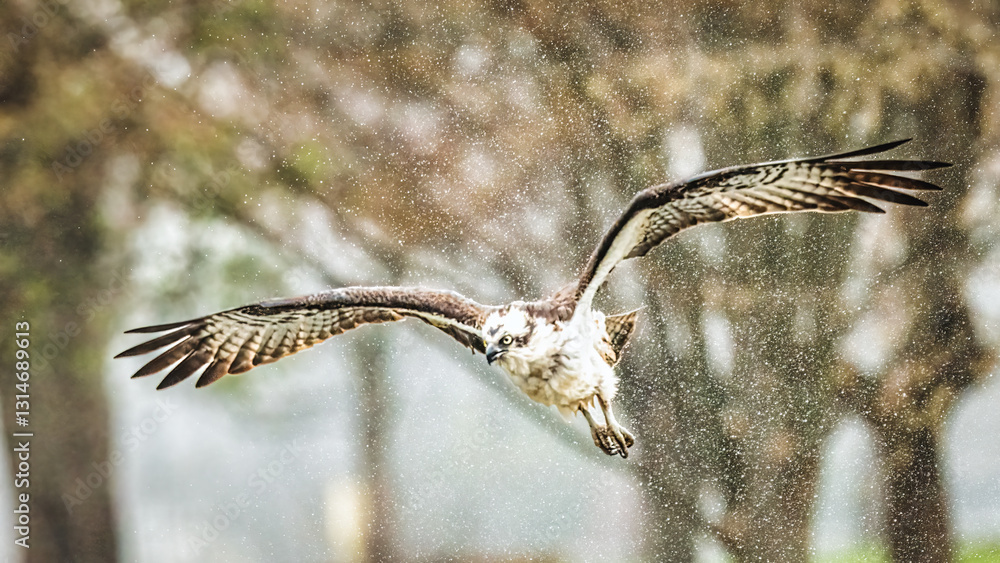 An osprey flies through a forested area, its wings fully extended as water droplets surround it in the air. The blurred background of trees enhances the focus on the bird's powerful motion.
