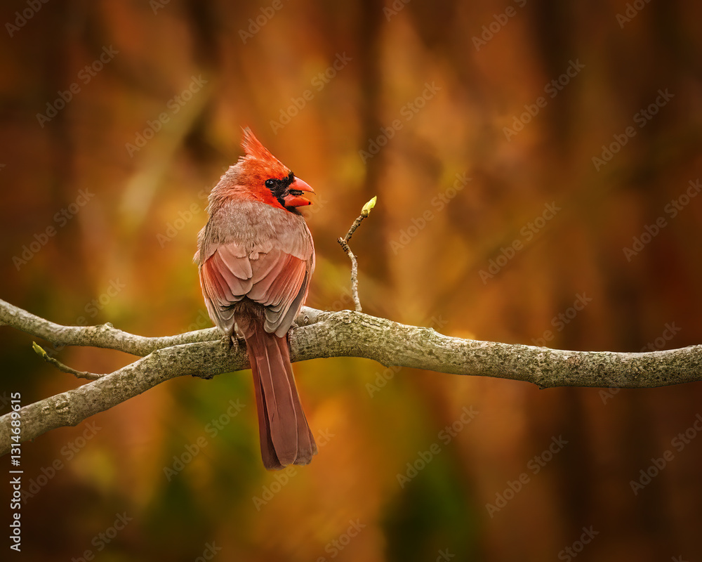 A vibrant red bird perches on a bare tree branch, standing out against a softly blurred, warm-toned background. The bird's feathers are beautifully detailed, capturing the attention with its colors. .
