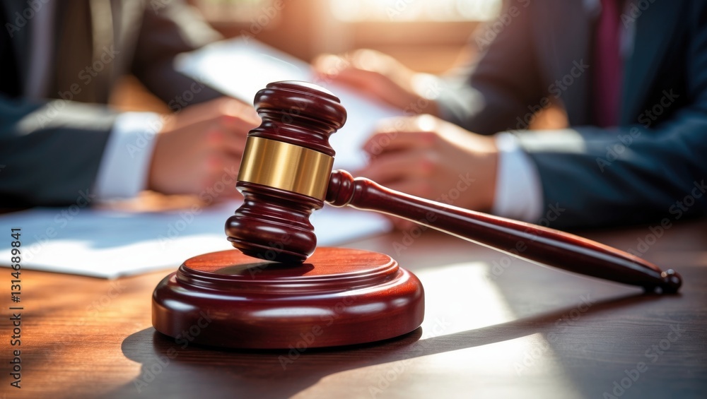 Judges gavel on a table with hands in the background, indicating a legal setting. Judges gavel on a table with hands in the background, indicating a legal setting.