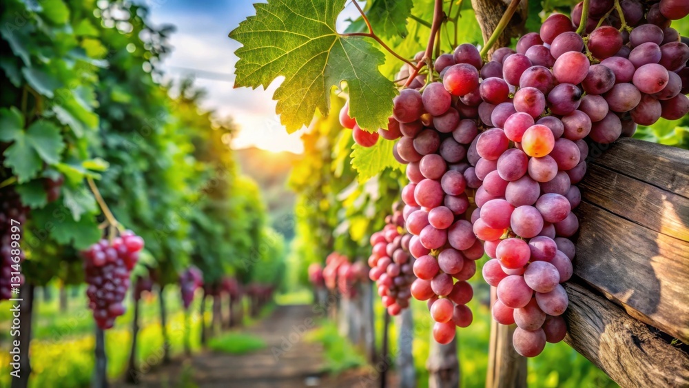 Fototapeta premium Lush Vineyard with Ripe Grapes and Scenic Landscape at Sunset