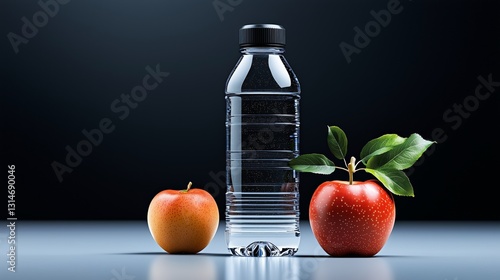 Water Bottle with Apples on a Dark Background
