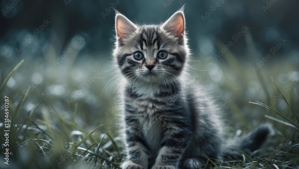 Obraz premium Kitten resting on the grass. Shallow depth of field.