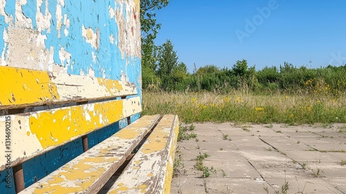 Weathered Yellow Bench and Blue Wall
