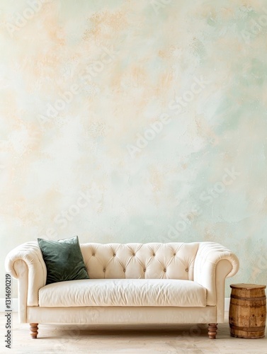 White sofa against vintage green and beige wall.