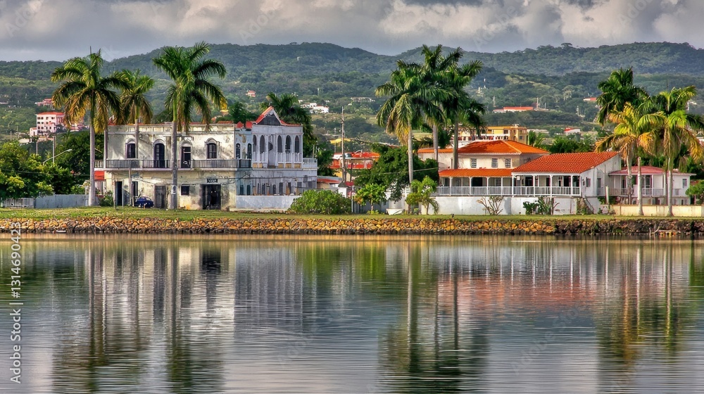 Caribbean waterfront town reflected in calm water, lush hills Caribbean waterfront town reflected in calm water, lush hills