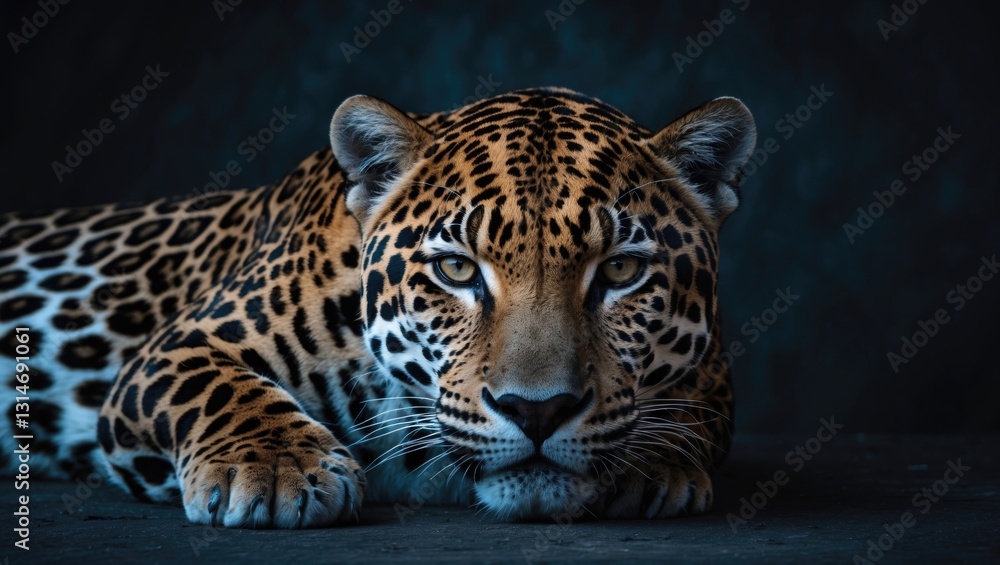 Obraz premium Jaguar portrait against a dark background. Image of a big cat lying down.