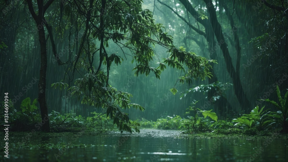 Fototapeta premium When it rains in the green forest, the rainwater interacts with the components of the forest, such as the tree canopy, branches, and vegetation. The canopy protects the forest floor, reducing the i...