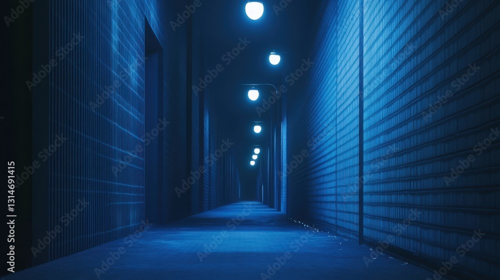 Fototapeta premium A long corridor illuminated by hanging ceiling lights at night