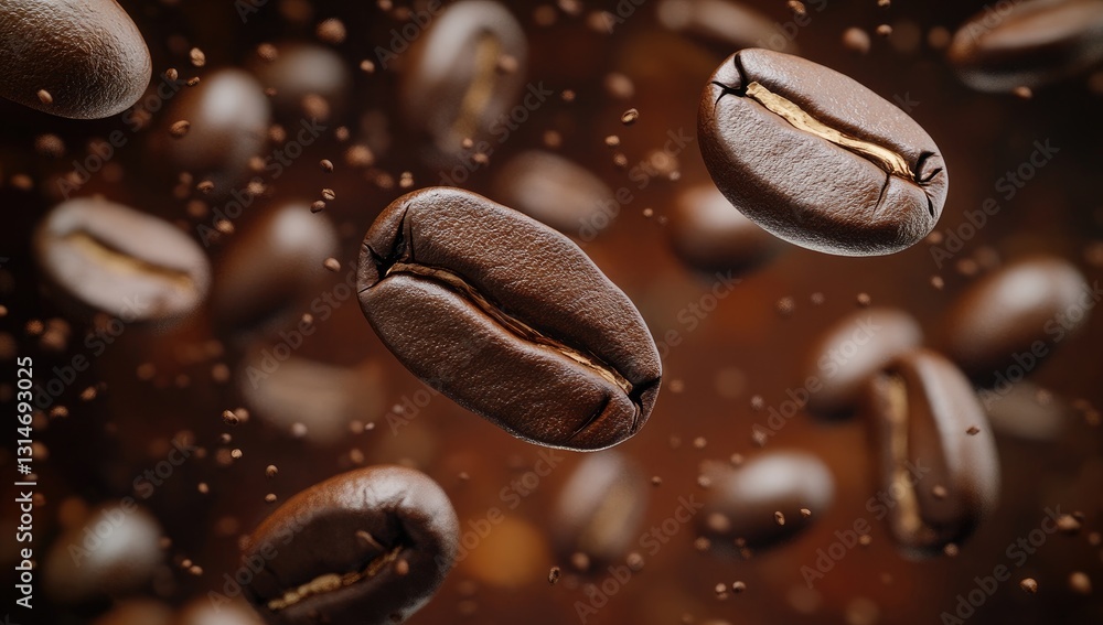 Coffee beans in motion, dark background, splash effect, food photography Coffee beans in motion, dark background, splash effect, food photography