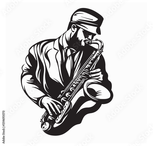Man playing saxophone in a stylized illustration vector image on white background.