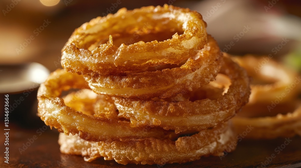 Crispy onion rings stacked on a wooden table with a warm background Crispy onion rings stacked on a wooden table with a warm background