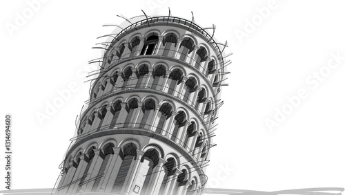 Leaning unfinished concrete building isolated with white background