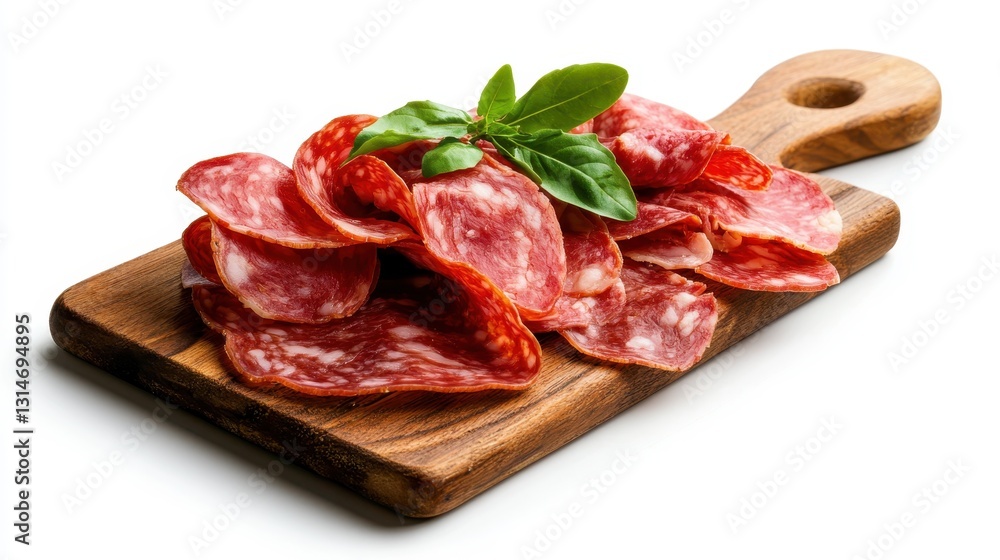 An artful arrangement of delicately sliced artisan salami on a wooden board, celebrating the details of the marbled texture and inviting aroma of high-quality cured meat. An artful arrangement of delicately sliced artisan salami on a wooden board, celebrating the details of the marbled texture and inviting aroma of high-quality cured meat.