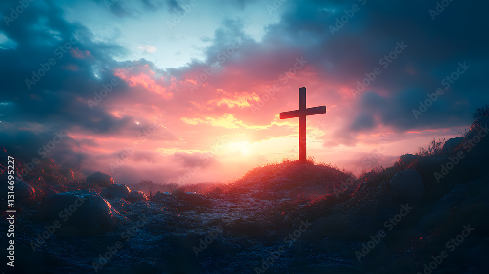 Obraz premium Holy cross symbolizing the death and resurrection of Jesus Christ with the sky over Golgotha Hill is shrouded in light and clouds. Apocalypse concept