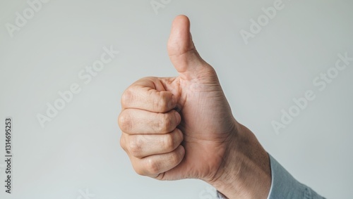 A close-up image of a hand showing a thumbs-up gesture against a simple background, indicating approval, like, or agreement. photo