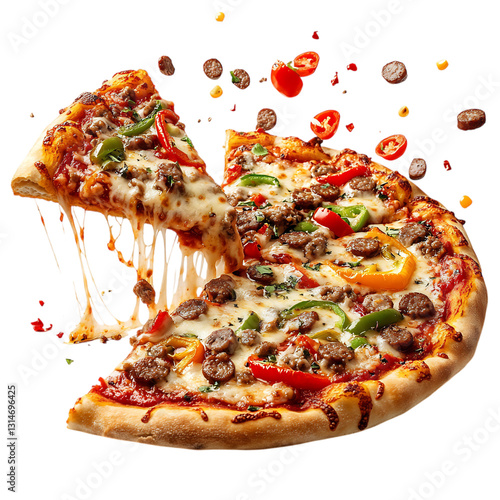 A Flying Pizza Slice with Cheese Sausage and Peppers Isolated on Transparent Background