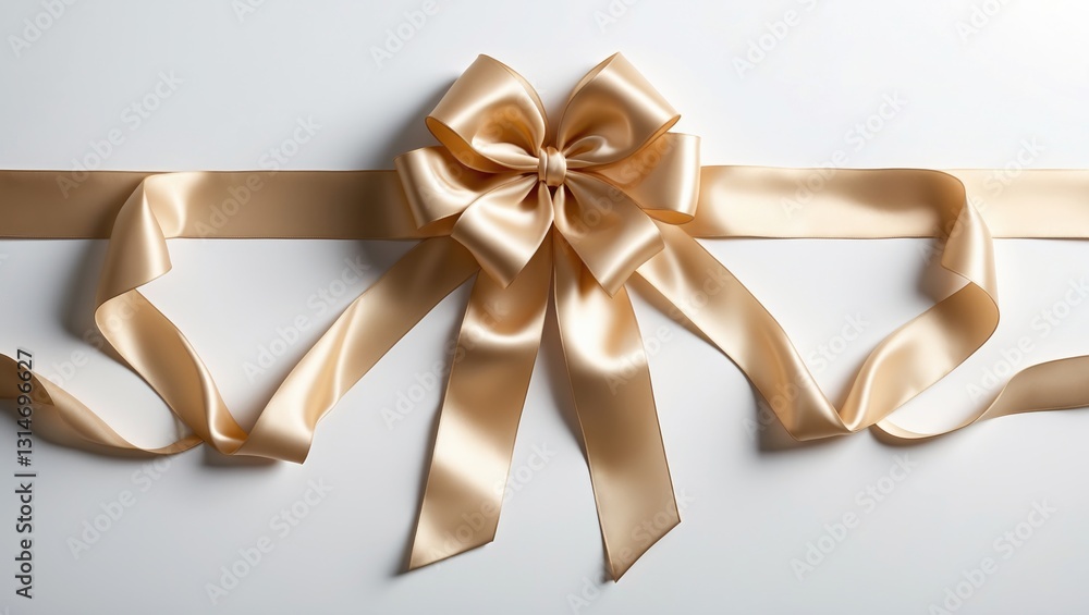 Fototapeta premium Golden satin ribbon with bow on white background, viewed from above.