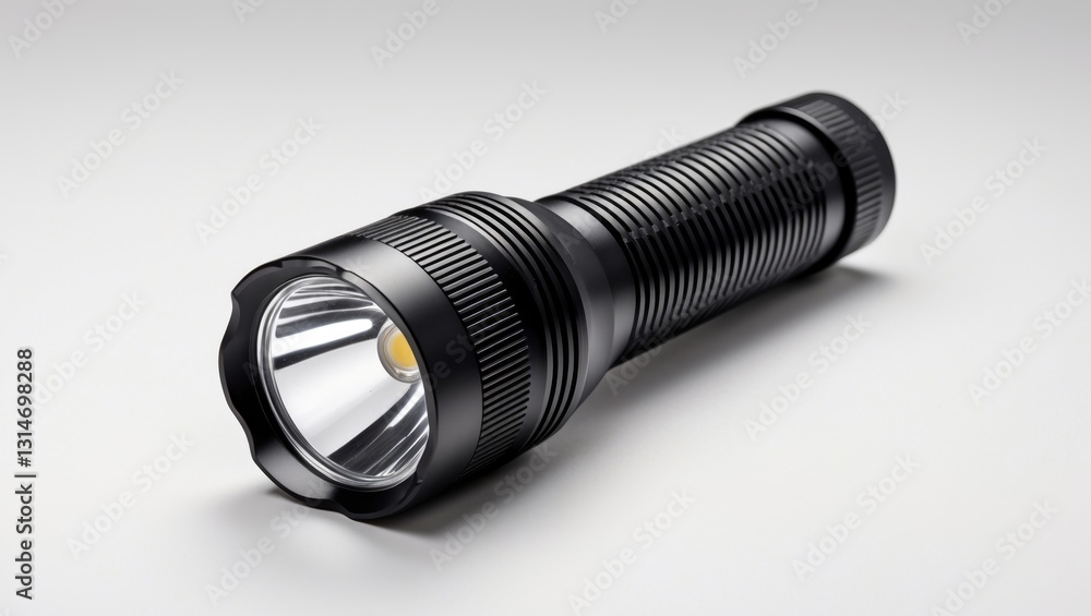 LED black flashlight on a white background. LED black flashlight on a white background.