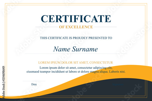 Award Certificate Design, Achievement, Template,  Yellow, Background, Printable