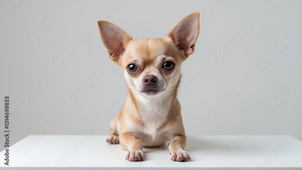 A small, short-haired chihuahua is sitting on a white table and winking while in motion against a white studio background. This creates a humorous impression. The concepts include funny dogs, veter... A small, short-haired chihuahua is sitting on a white table and winking while in motion against a white studio background. This creates a humorous impression. The concepts include funny dogs, veter...