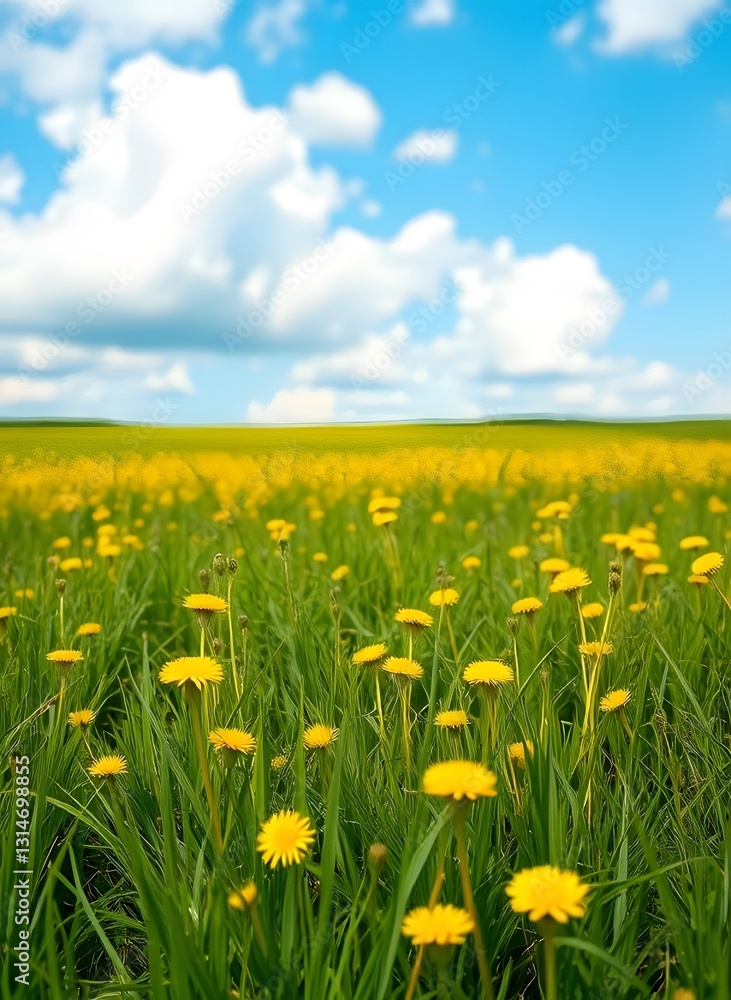 Obraz premium Vibrant Dandelion Field Under Blue Sky ,