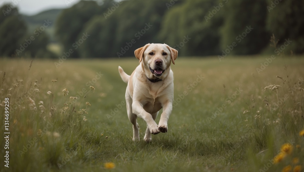 Obraz premium Labrador sprinting through the meadow during summer