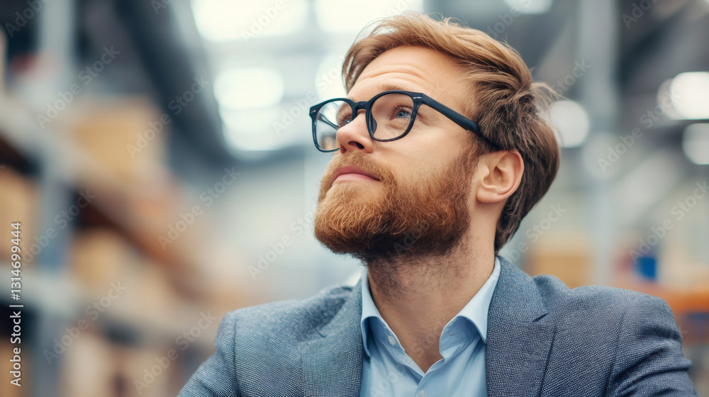 Obraz premium Contemplative businessman wearing eyeglasses, gazing upward amid industrial warehouse shelving