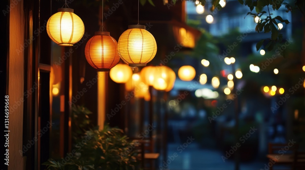 Paper Lanterns Illuminate A Dark Evening Street Scene Outdoors Paper Lanterns Illuminate A Dark Evening Street Scene Outdoors