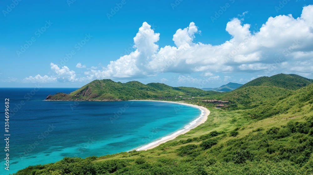 Fototapeta premium Serene Coastal Vista: Turquoise Waters Embrace Lush Green Hills Under a Bright Summer Sky