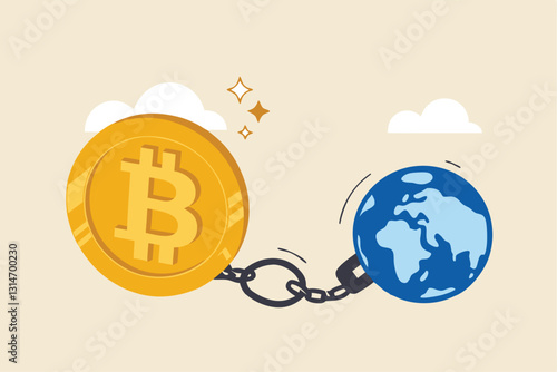 Cryptocurrency sustainability problem, bitcoin and crypto currency mining energy consumption not environment friendly concept, Big bitcoin with electric plug sucking energy from planet earth.