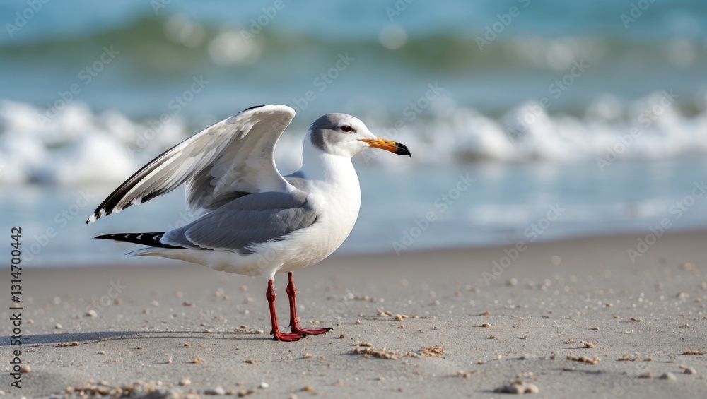 Laughing Gull performing a morning stretch on the beach. The ocean sets the backdrop. Laughing Gull performing a morning stretch on the beach. The ocean sets the backdrop.