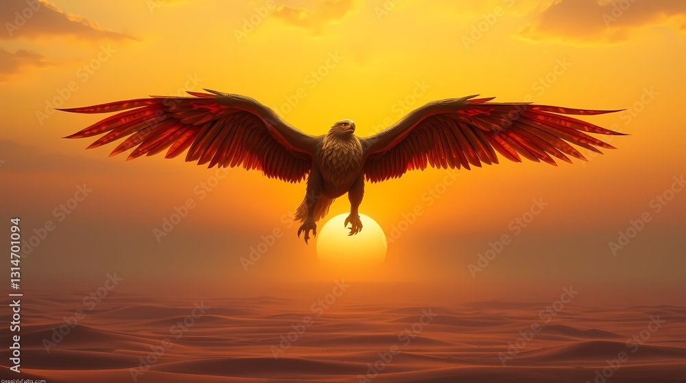 Naklejka premium Golden Eagle Soaring at Sunset: A majestic golden eagle with powerful wings outstretched, silhouetted against a fiery sunset, evokes feelings of freedom, power, and determination.