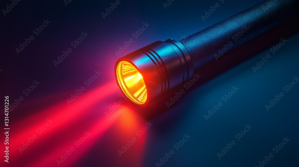 Flashlight emitting red and orange light beam in dark environment