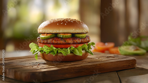plant-based burger, vegetarian burger, vegan food, healthy burger, meatless burger, gourmet burger, sandwich, fresh vegetables, lettuce, tomato, pickles, sesame bun, grilled patty, homemade burger, ru