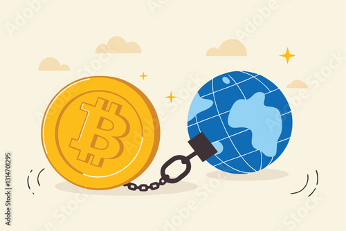 Cryptocurrency sustainability problem, bitcoin and crypto currency mining energy consumption not environment friendly concept, Big bitcoin with electric plug sucking energy from planet earth.