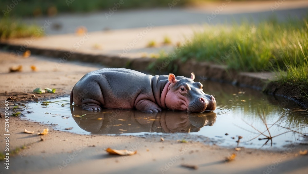 Obraz premium Baby hippos typically spend a large portion of their lives sleeping, but when they awaken, they run and bounce, which is the origin of their name and has generated significant excitement among enth...