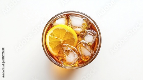 Top-down view of a chilled glass of iced tea with fresh lemon slices and ice, isolated on white