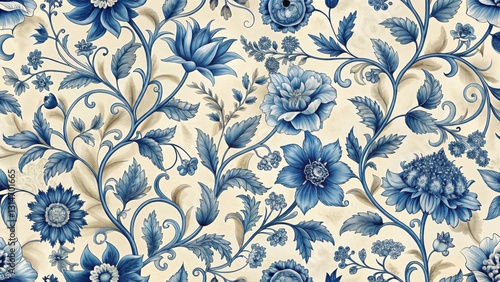 Intricate Floral Pattern in Blue and Cream Tones on Fabric Surface