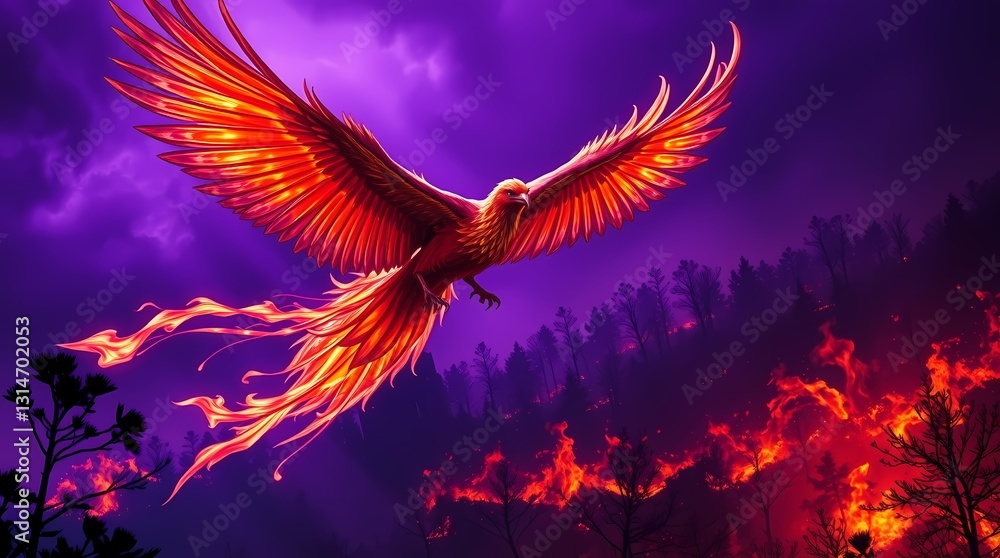 Obraz premium Phoenix Rising: A magnificent phoenix soars above a fiery forest in a vibrant display of rebirth and renewal. The phoenix's wings are ablaze, creating a dynamic and mesmerizing spectacle.