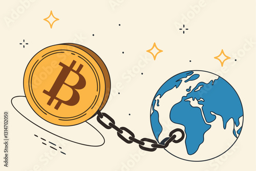 Cryptocurrency sustainability problem, bitcoin and crypto currency mining energy consumption not environment friendly concept, Big bitcoin with electric plug sucking energy from planet earth.