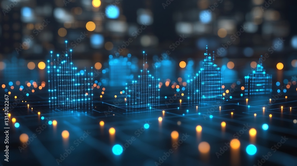 Obraz premium Abstract digital city with neon lights on a dark backdrop concept