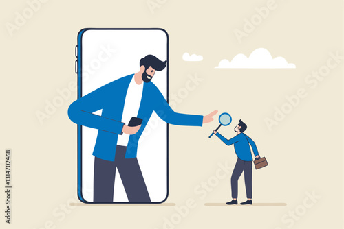 KYC, Know your customer process to identify user in online banking, cryptocurrency trading or cyber transaction concept, businessman using magnifying glass to analyze, identify user on smartphone app.