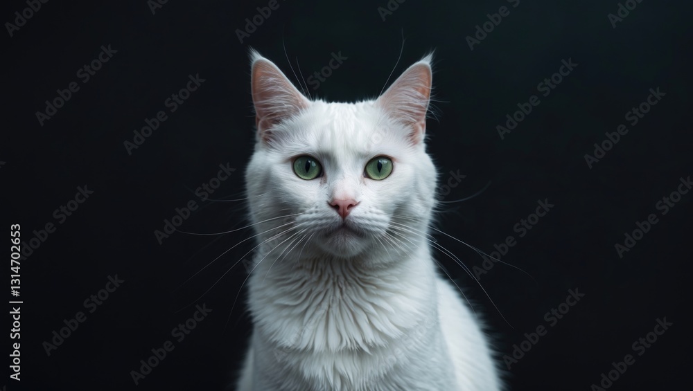 Fototapeta premium White street cat with green eyes against a black backdrop.