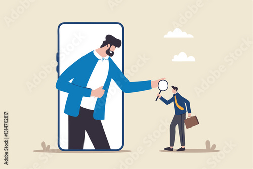 KYC, Know your customer process to identify user in online banking, cryptocurrency trading or cyber transaction concept, businessman using magnifying glass to analyze, identify user on smartphone app.