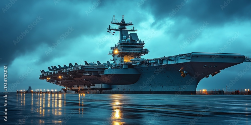 Obraz premium A majestic aircraft carrier stands tall in the harbor, surrounded by dramatic clouds. This image captures military strength and technological marvel. A stunning display at sea. AI